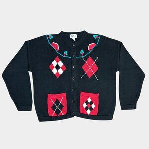 Vintage 90s Koret Embroidered Argyle Black Cardigan with Pockets Petite Medium